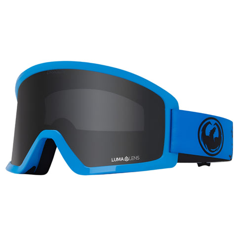 Dragon DX3 L OTG snow goggles in Blasted colorway with LL Dark Smoke lens, cylindrical shape, and manual lens change system designed for over-the-glasses use with large fit