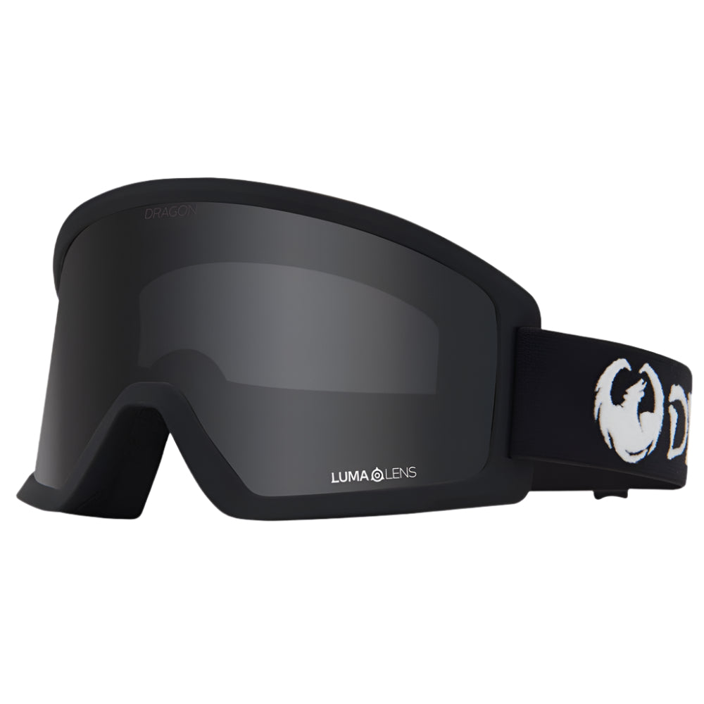 Dragon DX3 L OTG snow goggles in Classic Black colorway with LL Dark Smoke lens, cylindrical shape, and manual lens change system designed for over-the-glasses use with large fit