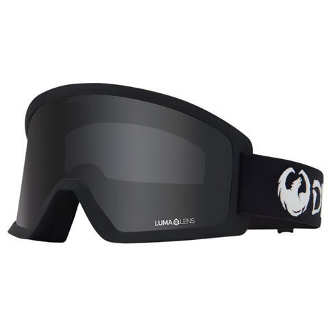 Dragon DX3 L OTG snow goggles in Classic Black colorway with LL Dark Smoke lens, cylindrical shape, and manual lens change system designed for over-the-glasses use with large fit