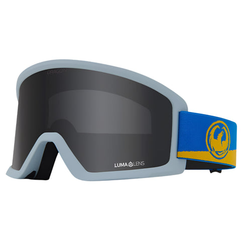 Dragon DX3 L OTG snow goggles in Cobalt colorway with LL Dark Smoke lens, cylindrical shape, and manual lens change system designed for over-the-glasses use with large fit