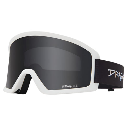 Dragon DX3 L OTG snow goggles in Retro Lite colorway with LL Dark Smoke lens, cylindrical shape, and manual lens change system designed for over-the-glasses use with large fit