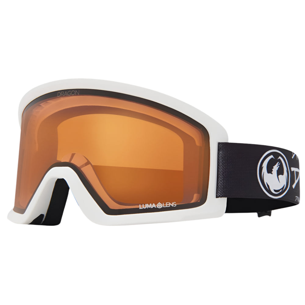 Dragon DX3 L OTG snow goggles in Script Lite colorway with LL Amber lens, cylindrical shape, and manual lens change system designed for over-the-glasses use with large fit