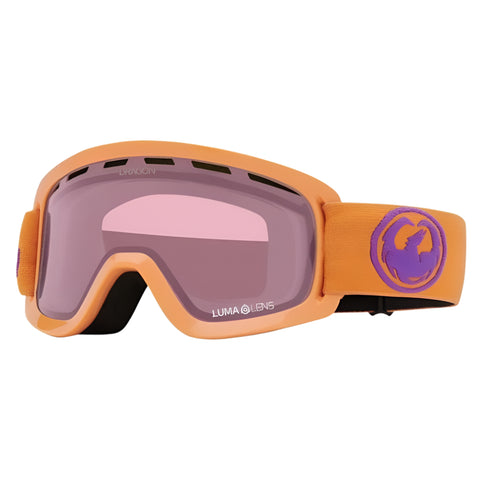 Dragon Lil D kids snow goggles in Apricot colorway with Light Rose lens, cylindrical shape, and manual lens change system designed for youth with small fit