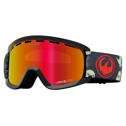 Dragon Lil D kids snow goggles in Lil Kaiju colorway with Red Ion lens, cylindrical shape, and manual lens change system designed for youth with small fit