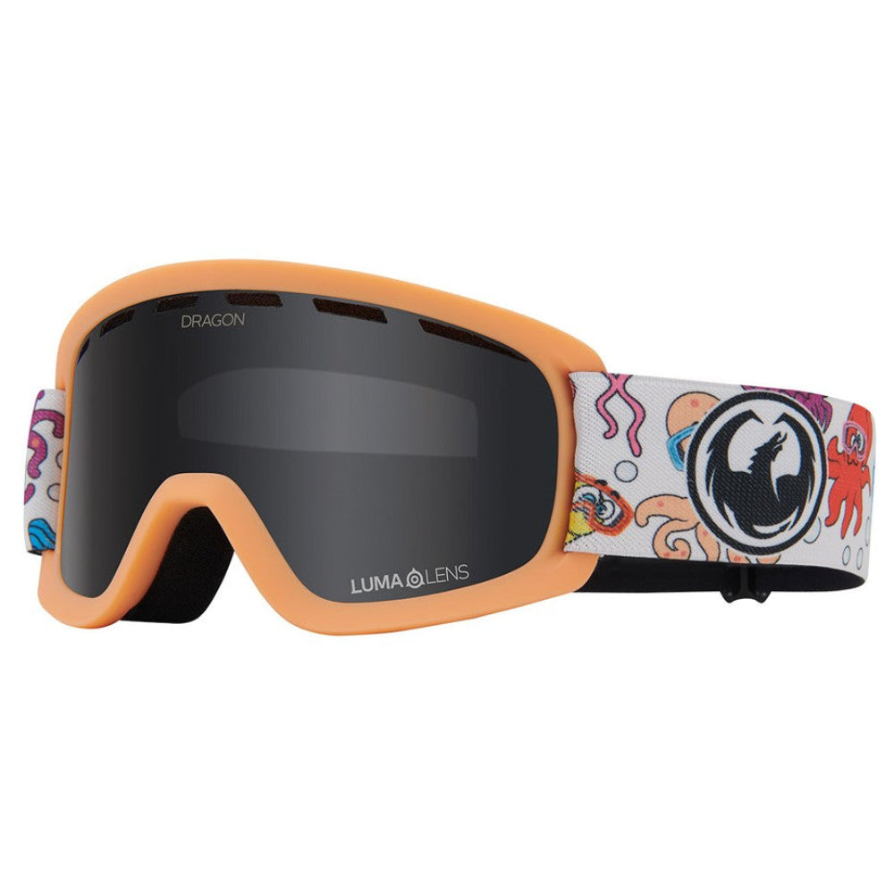 Dragon Lil D kids snow goggles in Sea Friends colorway with Dark Smoke lens, cylindrical shape, and manual lens change system designed for youth with small fit