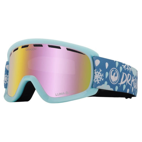 Dragon Lil D kids snow goggles in Snow Dance colorway with Pink Ion lens, cylindrical shape, and manual lens change system designed for youth with small fit