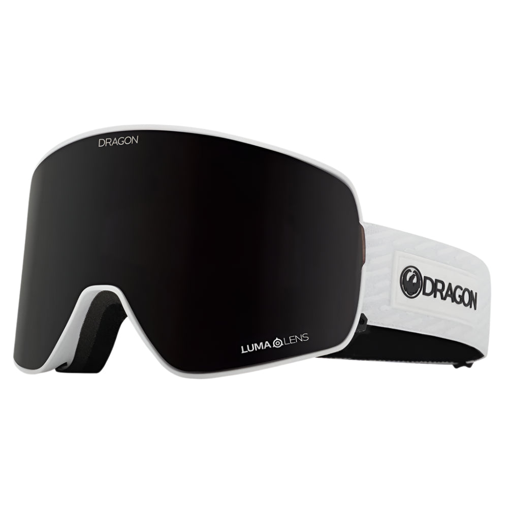 Dragon NFX2 snow goggles in Blizzard colorway with LL Midnight lens, featuring Swiftlock lens changing system and frameless design