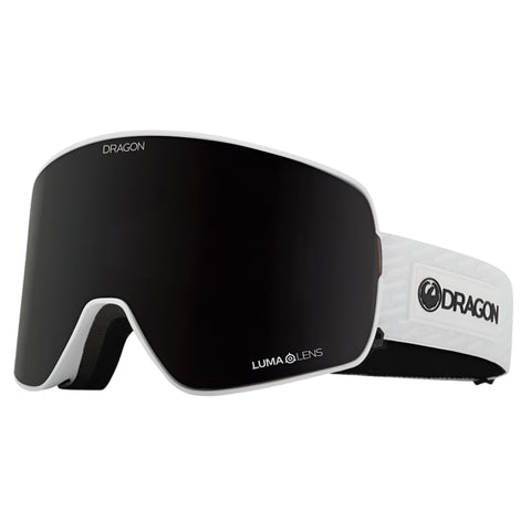 Dragon NFX2 snow goggles in Blizzard colorway with LL Midnight lens, featuring Swiftlock lens changing system and frameless design
