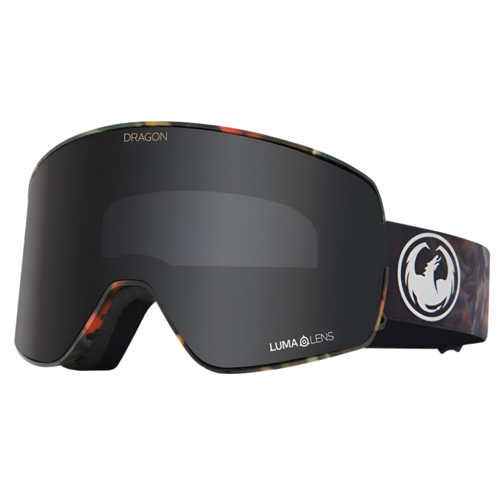 Dragon NFX2 snow goggles in Fire Leaf colorway with LL Dark Smoke lens, featuring Swiftlock lens changing system and frameless design