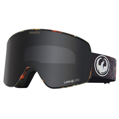 Dragon NFX2 snow goggles in Fire Leaf colorway with LL Dark Smoke lens, featuring Swiftlock lens changing system and frameless design