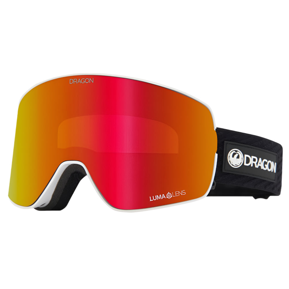Dragon NFX2 snow goggles in Icon Red colorway with LL Red Ion lens, featuring Swiftlock lens changing system and frameless design