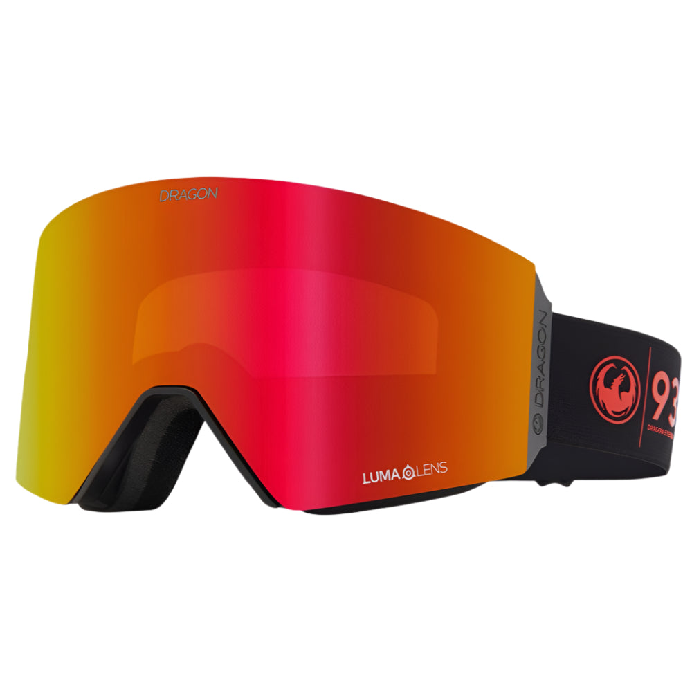 Dragon RVX Mag OTG snow goggles in 30 Years colorway with LL Red Ion lens, cylindrical shape, and magnetic lens change system designed for over-the-glasses use