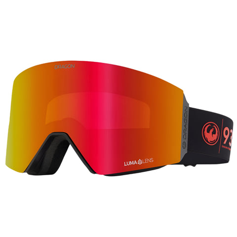 Dragon RVX Mag OTG snow goggles in 30 Years colorway with LL Red Ion lens, cylindrical shape, and magnetic lens change system designed for over-the-glasses use