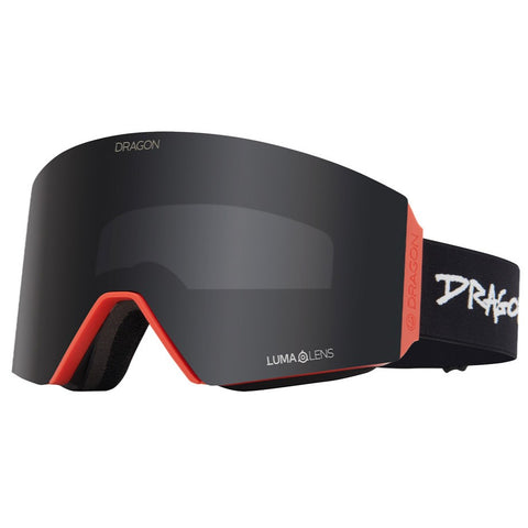 Dragon RVX Mag OTG snow goggles in Obsidian colorway with LL Solace Infrared lens, cylindrical shape, and magnetic lens change system designed for over-the-glasses use
