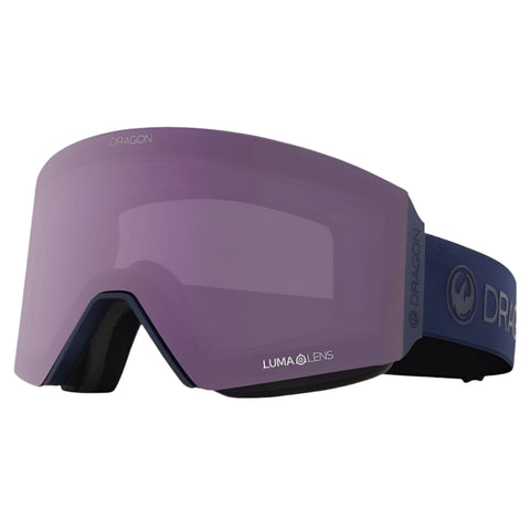 Dragon RVX Mag OTG snow goggles in Shadow colorway with Violet lens, cylindrical shape, and magnetic lens change system designed for over-the-glasses use