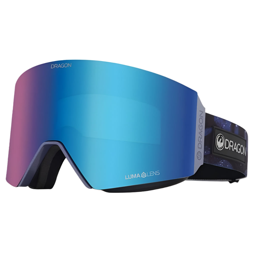Dragon RVX Mag OTG snow goggles in Shimmer colorway with Blue Ion lens, cylindrical shape, and magnetic lens change system designed for over-the-glasses use