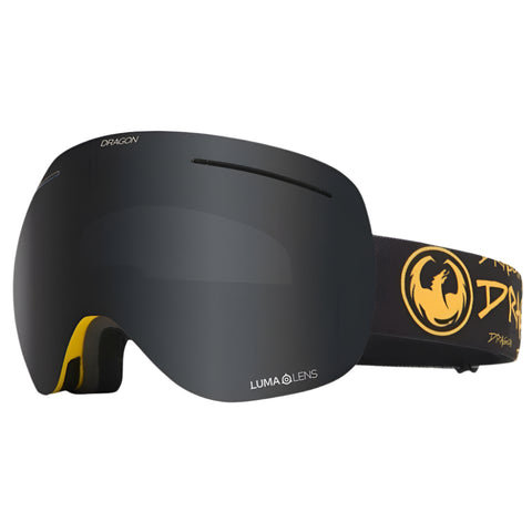 Dragon X1 snow goggles in Block colorway with LL Dark Smoke lens and spherical shape featuring frameless design