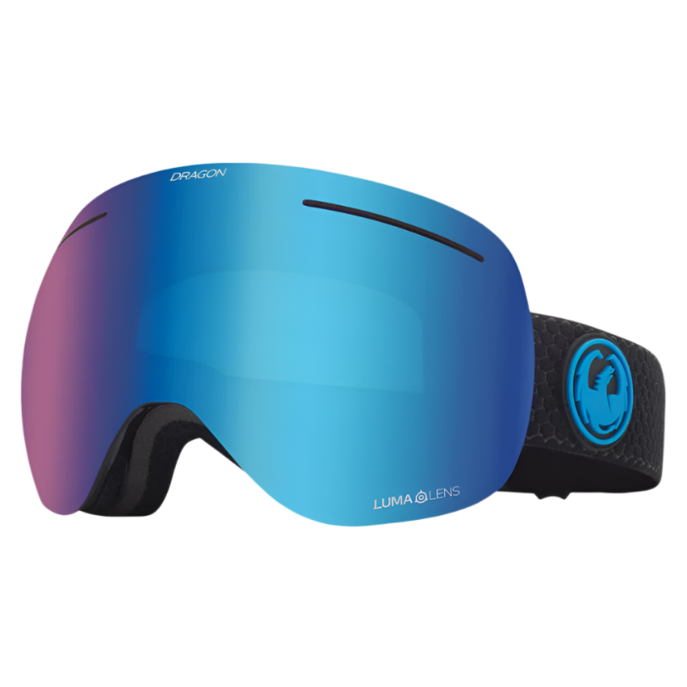 Dragon X1 snow goggles in Split colorway with Blue Ion lens and spherical shape featuring frameless design