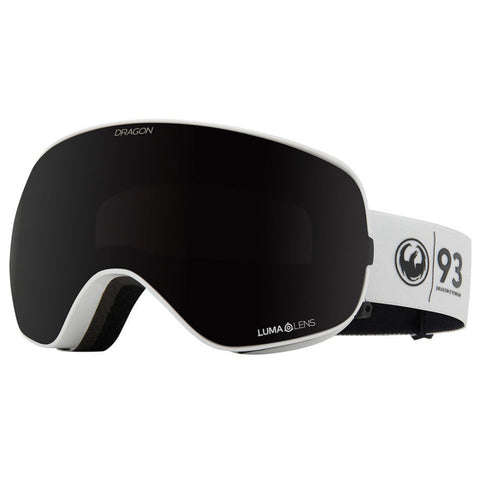 Dragon X2S snow goggles in 30 Years colorway with LL Midnight lens and cylindrical shape featuring locks lens change system