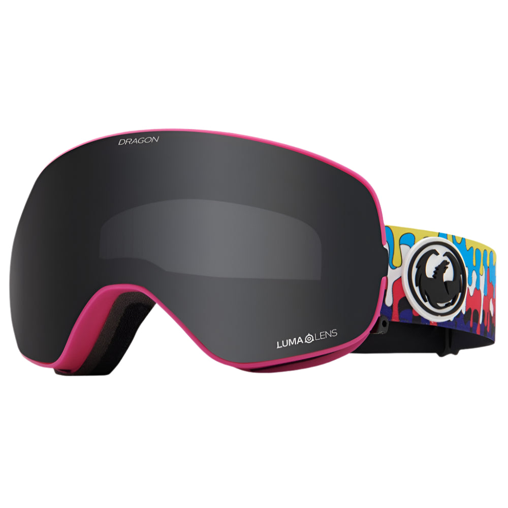 Dragon X2S snow goggles in Drip colorway with LL Pink Ion lens and cylindrical shape featuring locks lens change system