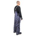 Rear view of slate blue Endeavor 3L Shelter Bib Snowboard Pants on a model with branded suspenders and side leg zipper.