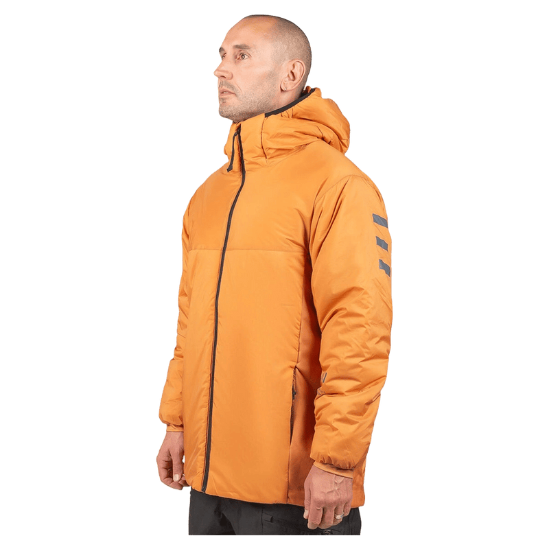 Endeavor Aeroshield Insulated Snowboard Jacket in cane with a hood and arm stripes, side profile view.
