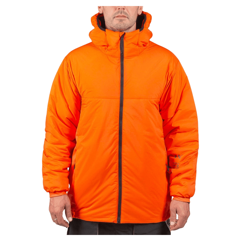 Bright orange Endeavor Aeroshield Insulated Snowboard Jacket with a dark front zipper and hood.