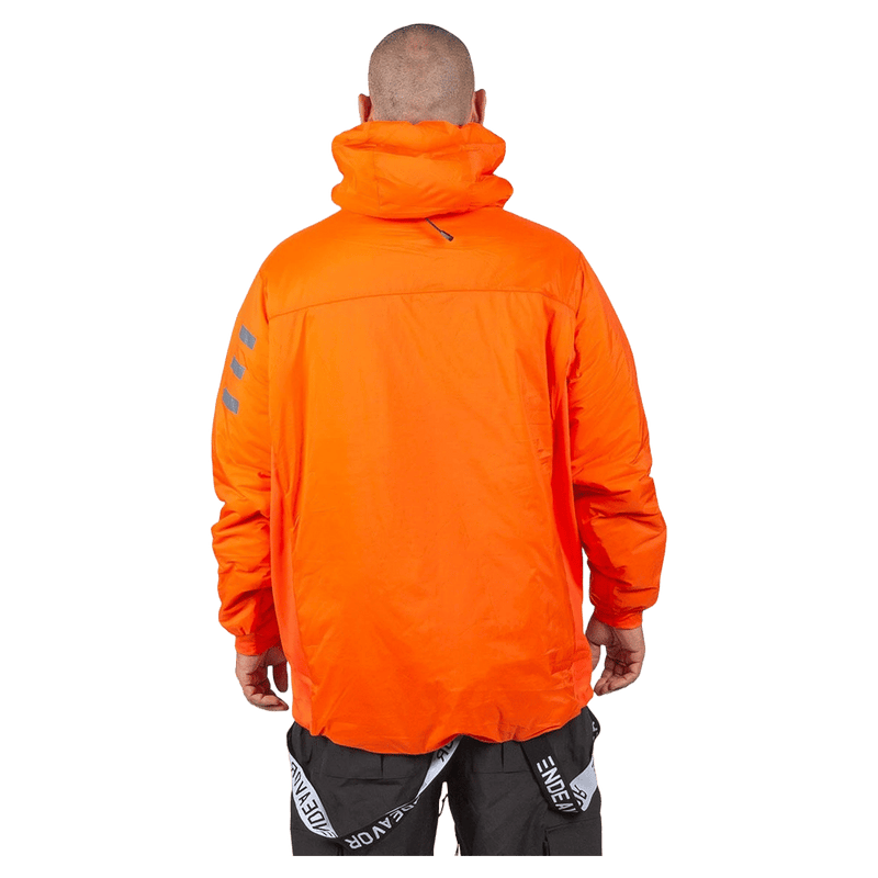 Back view of a bright orange Endeavor Aeroshield Insulated Snowboard Jacket with a hood and reflective sleeve stripes.