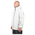 Side profile of a man wearing a white Endeavor Aeroshield insulated snowboard jacket with a hood and black front zipper.