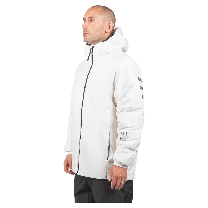 Side profile of a man wearing a white Endeavor Aeroshield insulated snowboard jacket with a hood and black front zipper.