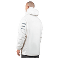 White Endeavor Aeroshield Insulated Snowboard Jacket back view with hood and three grey stripes on the left sleeve.