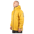 Side profile of a man in a sun yellow Endeavor Aeroshield insulated snowboard jacket with hood and grey sleeve stripes.