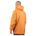 Endeavor Aeroshield insulated snowboard jacket in walnut with hood and grey stripes on the sleeve, back view.