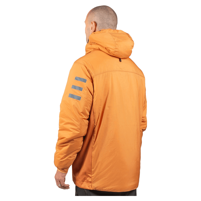 Endeavor Aeroshield insulated snowboard jacket in walnut with hood and grey stripes on the sleeve, back view.