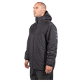 Black Endeavor Aeroshield Insulated Snowboard Jacket with hood and grey sleeve accents, side profile view.