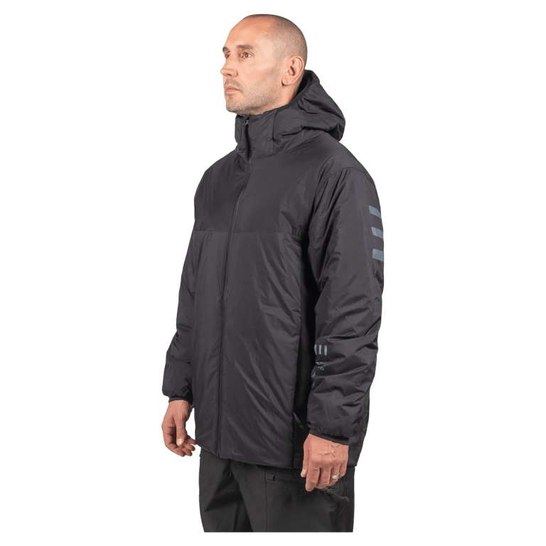 Black Endeavor Aeroshield Insulated Snowboard Jacket with hood and grey sleeve accents, side profile view.