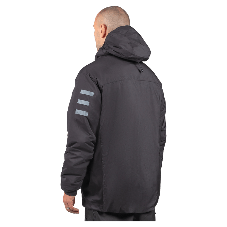 Black Endeavor Aeroshield Insulated Snowboard Jacket back view with hood and three grey stripes on the arm.