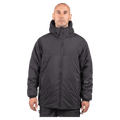 Black Endeavor Aeroshield insulated snowboard jacket with a hood and full zipper, shown on a model from the front.