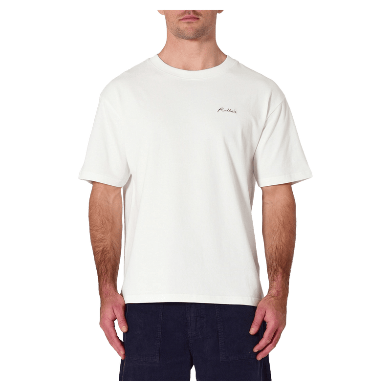 Front view of man in the Rollas Ezy Classic Tee in Colour Vintage White