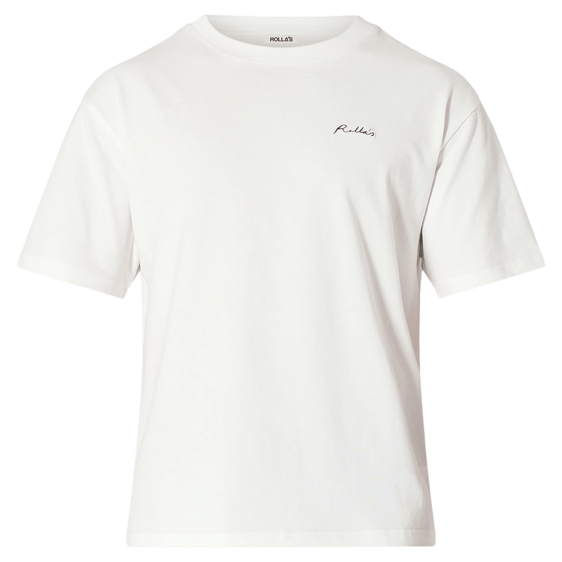 Front view of man in the Rollas Ezy Classic Tee in Colour Vintage White