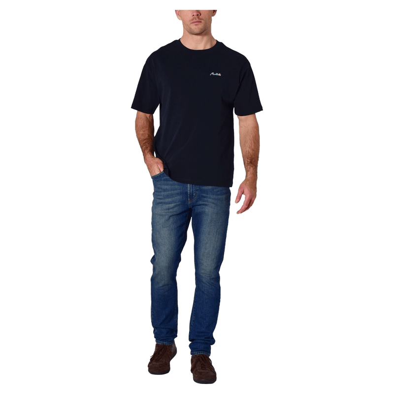 Front view of man in the Rollas Ezy Classic Tee in Colour Washed Black