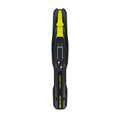Top-down view of a black and yellow Fischer cross-country ski binding for kids' Twin Skin Race Classic skis.