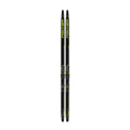 Fischer Twin Skin Race Classic kids' cross country skis in black and yellow with mounted bindings, top-down view.