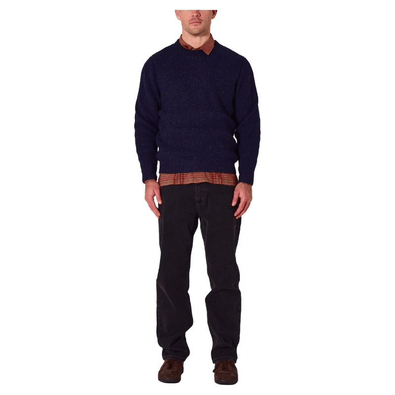 Front view of man in the Rollas Fishermans Tweed Crew in colour Dark Navy