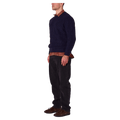 Side view of man in the Rollas Fishermans Tweed Crew in colour Dark Navy
