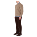 Side view of man in the Rollas Fishermans Tweed Crew in colour Linseed