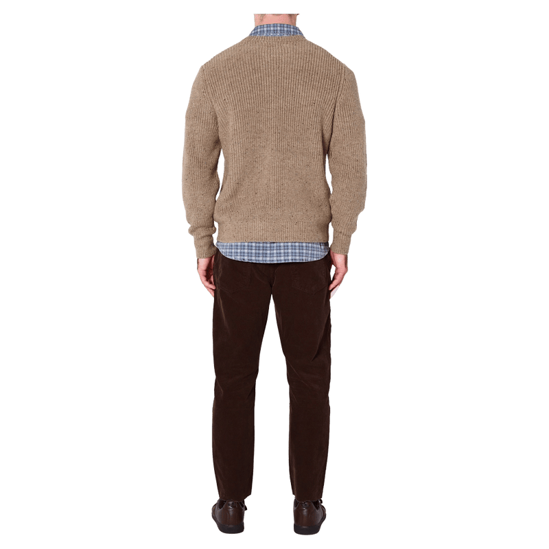Back view of man in the Rollas Fishermans Tweed Crew in colour Linseed