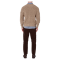 Back view of man in the Rollas Fishermans Tweed Crew in colour Linseed