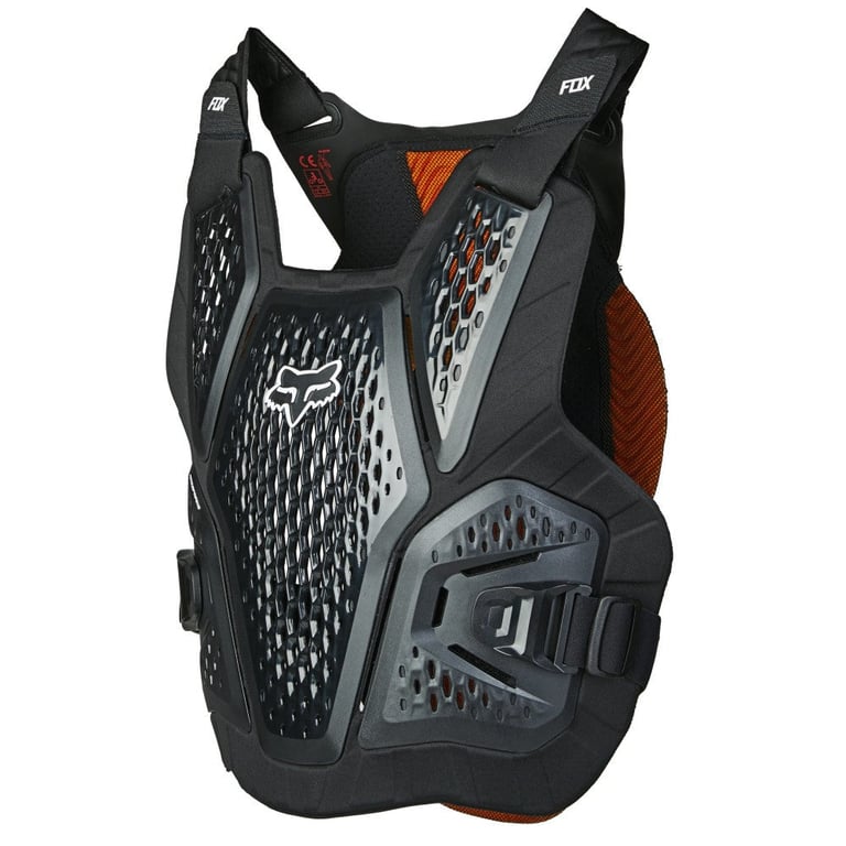 Black Fox Raceframe Impact chest protector with perforated panels, white logo, and orange soft back guard.