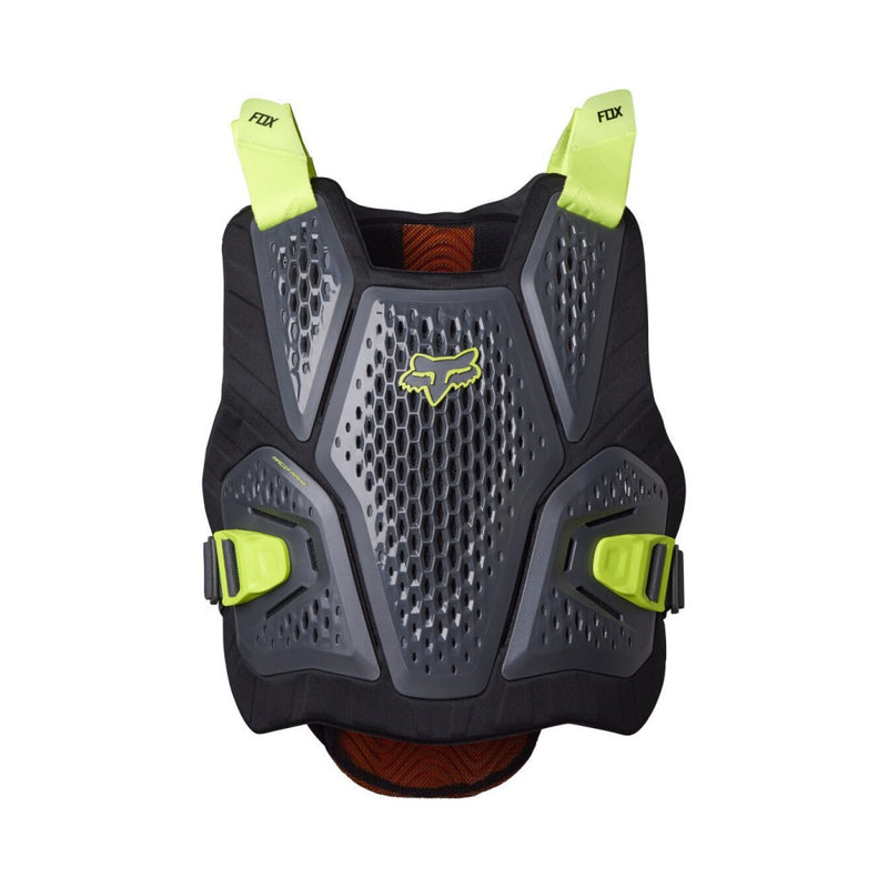 Fox Raceframe Impact Soft Back Guard featuring a grey perforated chest plate and neon yellow shoulder straps.